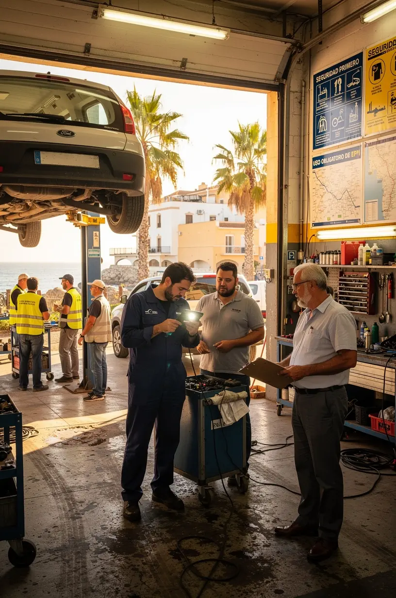 Mecánico realizando diagnóstico electrónico en vehículo comercial dentro de centro de flotas.